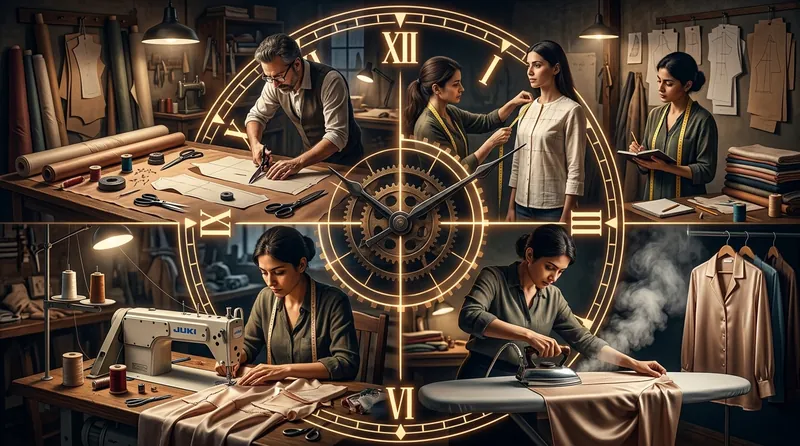 24-hour blouse stitching process shown in a clock-style time-lapse layout