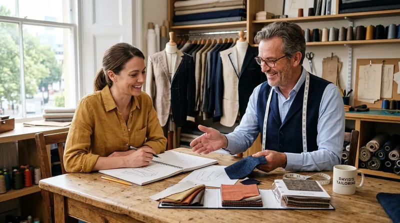 Customer reviewing a tailor's portfolio before choosing a wedding blouse tailor