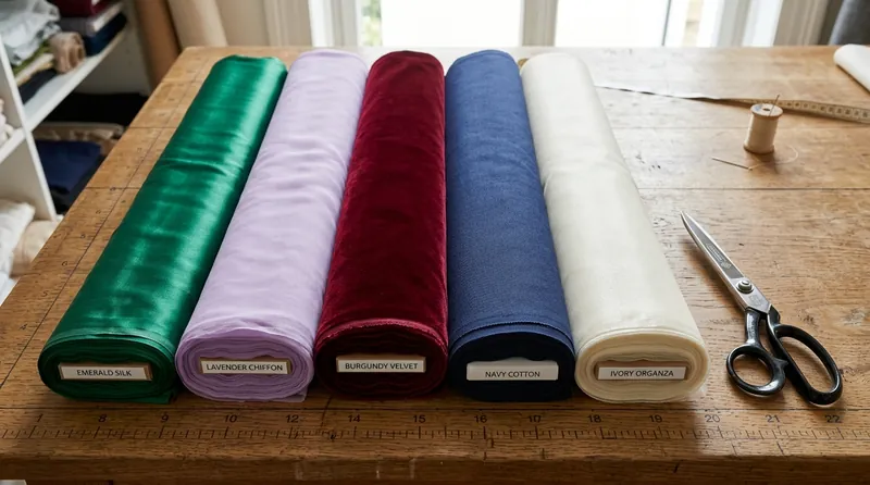 Different fabric types on a tailor's table showing stitching difficulty variation