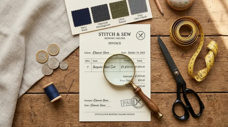 Magnifying glass revealing hidden charges on a stitching bill