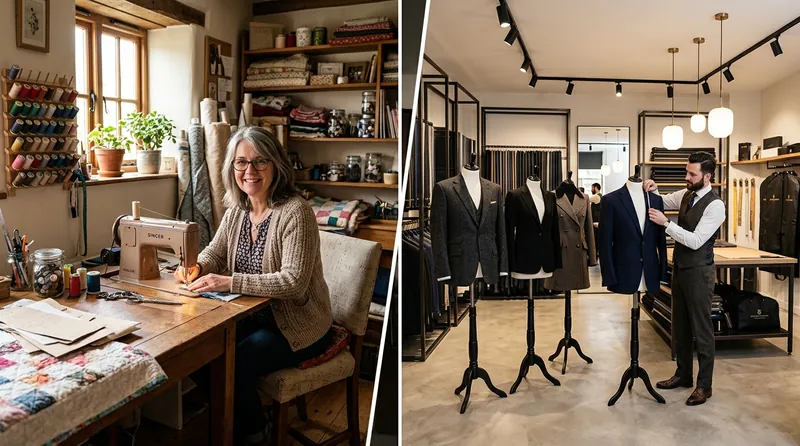 Side-by-side comparison of home tailor setup and boutique tailoring shop