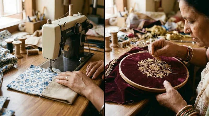 Machine stitching vs handwork embroidery comparison showing time and skill difference
